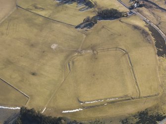 Oblique aerial view of Lyne Roman fort, looking ESE.