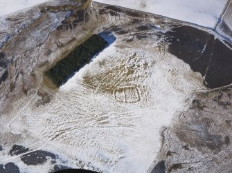 Oblique aerial view of palisaded settlement under snow, looking WNW.