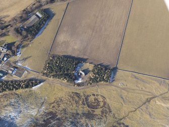 Oblique aerial view of Stanhope settlement, scooped settlement, township and enclosure, looking W.