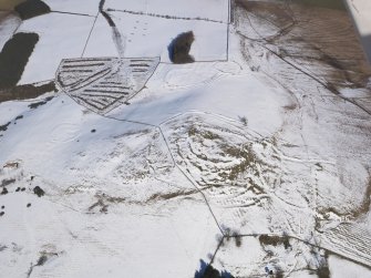 Oblique aerial view of the fort and settlements on Bonchester Hill, looking NNE.