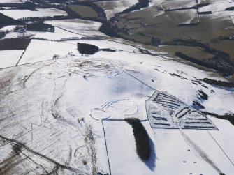 Oblique aerial view of the fort and settlements on Bonchester Hill, looking SW.