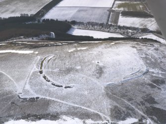 Oblique aerial view of the standing stone and remains of the fort at Dabshead, taken from the ENE.