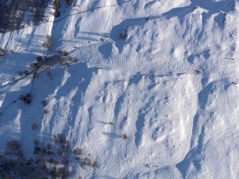 Oblique aerial view of the cairnfield, field boundaries, shieling huts and rig, looking SSE.