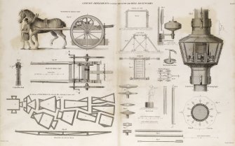 Engraving showing details of sling carts, lanterns, railways etc for the Bell Rock Works
Titled: 'Certain implements connected with the Bell Rock Works'