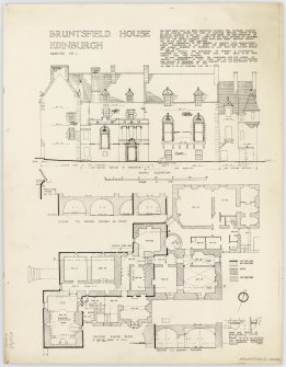 South elevation showing building dates, ground floor plan and sections.  
Insc: 'Drawn by A.A. MacCulloch, City Architects Department, City Chambers, Edinburgh. August 1942'