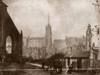 Photograph of Greyfriars Church, Churchyard and Lodge, looking over towards Victoria Hall/Tolbooth St John's Church, with visitors in the Greyfriars Churchyard
Edinburgh Photographic Society Survey of Edinburgh and District, Ward XIV George Square