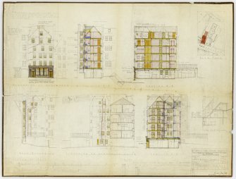 Annotated elevations and sections of 2 Campbell's Close.  Working plans for restoration.