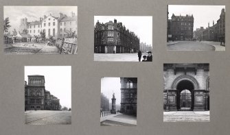 Card folder containing photographs and an old print of Forrest Road and Teviot Place. Front cover has pencil notes describing the photographs inside.
Edinburgh Photographic Society Survey of Edinburgh District, Ward XIV, George Square.