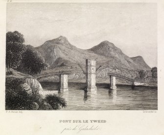 Engraved drawing illustrating the  'Pont sur le Tweed, pres de Galashiels' by FA Pernot.