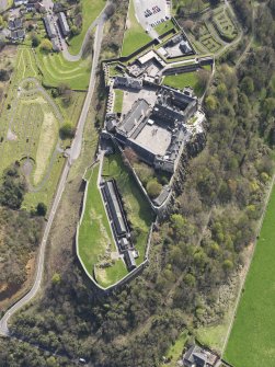 Oblique aerial view of the Stirling Castle centred on the Great Hall, taken from the NW.