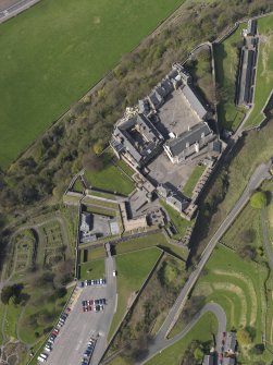 Oblique, almost vertical aerial view of the Stirling Castle centred on the Great Hall showing the outer defences, taken from the ESE.