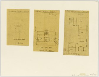 Three drawings showing plan of heating chamber in churhc; attic floor plan of manse and plan of offices, Old Parish Church and Manse, Tyrie.