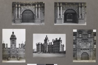 Card folder containing photographs of George Heriot's Hospital. Front cover has pencil notes describing the photographs inside. Edinburgh Photographic Society Survey of Edinburgh District, Ward XIV George Square.