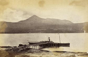 View from SE.
Titled: 'Brodick Pier and Goatfell, Arran. 1771. J.V'.
