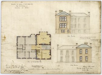 Edinburgh, 12 Hope Terrace, Harlaw, also known as Whitehouse Gardens, Braeside House for Benjamin Hall Blyth.
Plan of Drawing Room floor and back and front elevations
Titled: 'No 2 Braeside, the property of B M Blythe Esq. Plans and Elevations of Alterations and Additions'