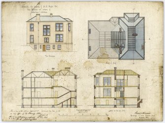 Edinburgh, 12 Hope Terrace, Harlaw, also known as Whitehouse Gardens, Braeside House for Benjamin Hall Blyth.
West Elevation, sections and plan of roof
Titled: 'No 3 Braeside, the property of B M Blythe Esq. Plans, Elevations and Sections of Alterations and Additions'
