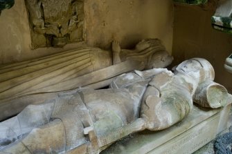 Interior. Detail. View of the 15th century stone effigies of Sir Duncan Campbell and his wife, Marjory. The effigies are situated within a niche, beneath an arch on the South wall of the Argyll Mausoleum.
