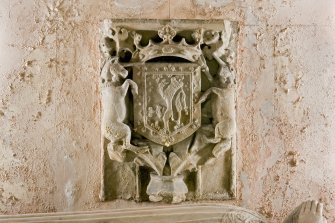 Interior. Detail. View of the armorial tablet, situated on the back wall of a niche within the South wall of the Argyll Mausoleum. The niche also contains the 15th century effigies of Sir Duncan Campbell and his wife, Marjory.