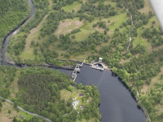 Oblique aerial view of Clunie Dam, taken from the W.