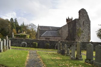 General view of Collegiate Church of St Mun from North-West taken from adjoining graveyard. Kilmun Kirk is visible in background.