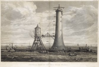Engraving showing the construction of Bell Rock Lighthouse.
Titled: ''General view of the Bell Rock Works''.