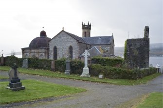 General view of St Munn's Church from the North. Also showing Argyll Mausoleum to the East and Collegiate Church of St Mun and Douglas of Glenfinart Mausoleum to the West.