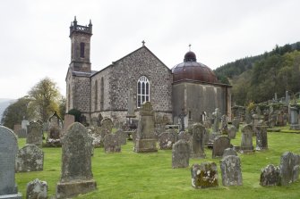 General view of Church of St Munn's, Argyll Mausoleum and Churchyard from South-East.