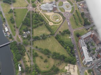 Oblique aerial view of the parchmarks of the air raid shelters at Glasgow Green, looking NNW.