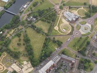 Oblique aerial view of the parchmarks of the air raid shelters at Glasgow Green, looking NW.