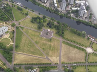 Oblique aerial view of the parchmarks of the air raid shelters at Glasgow Green, looking SSW.