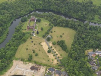 Oblique aerial view of Bothwell Castle, looking E.