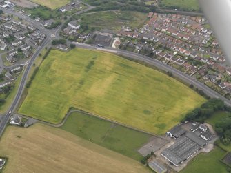 Oblique aerial view of the cropmarks of the ring ditches, looking NW.