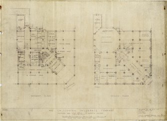 Edinburgh, 12-13 St Andrew Square, Guardian Royal Exchange.
Basement and ground floor plans.
Title: 'The Caledonian Insurance Company Proposed New Head Office St Andrew Square Edinburgh'.
Insc: 'Leslie Grahame - Thomson ARSA FRIBA 6 Ainslie Place Edinburgh'.
