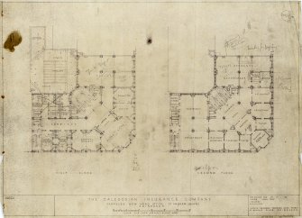 Edinburgh, 12-13 St Andrew Square, Guardian Royal Exchange.
First and second floor plans.
Title: 'The Caledonian Insurance Company Proposed New Head Office St Andrew Square Edinburgh'.
Insc: 'Leslie Grahame - Thomson ARSA FRIBA 6 Ainslie Place Edinburgh'.