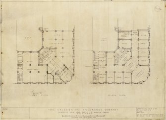 Edinburgh, 12-13 St Andrew Square, Guardian Royal Exchange.
Third and fourth floor plans.
Title: 'The Caledonian Insurance Company Proposed New Head Office St Andrew Square Edinburgh'.
Insc: 'Leslie Grahame - Thomson ARSA FRIBA 6 Ainslie Place Edinburgh'.
