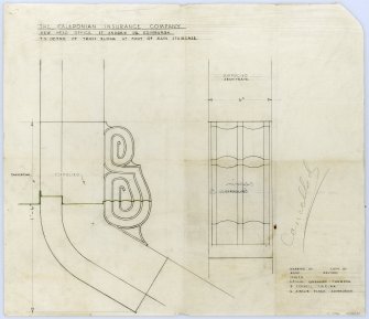Edinburgh, 12-13 St Andrew Square, Guardian Royal Exchange.
Full size detail of truss block at foot of main staircase.
Title: 'The Caledonian Insurance Company New Head Office St Andrew Square Edinburgh'.
Insc: 'Leslie Grahame - Thomson & Connell F/ARIBA 6 Ainslie Place Edinburgh.'