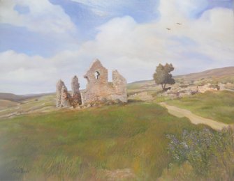 Oil painting of Windy Windshiel from the south by Arthur Blair showing the main building and relics of the mill area.