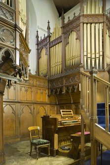Interior. Chancel. Organ and carved casing. Detail