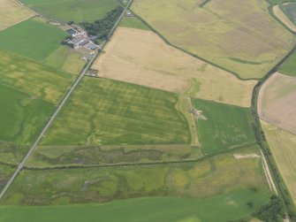 Oblique aerial view of the cropmarks of the enclosure with Galdenoch Farmstead beyond, taken from the E.