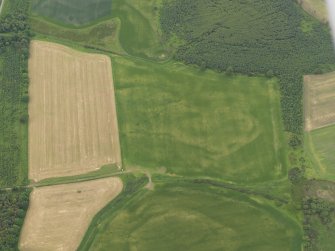 Oblique aerial view of the cropmarks of the quarry pits along the Roman Road near Round Plantation with the cropmarks of the palisade in the foreground, taken from the ENE.