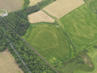 Oblique aerial view of the cropmarks of the palisaded enclosure and pits with the quarry pits along the Roman Road near Round Plantation in the background, taken from the N.