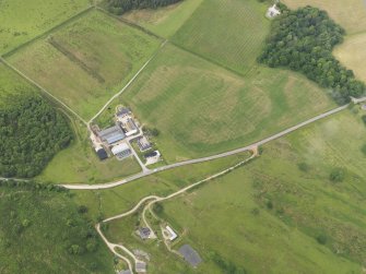 Oblique aerial view of the grassmarks of the enclosure and possible barrows with the farmstead of Killinochonoch adjacent, taken from the ESE.