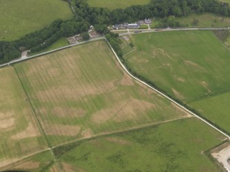 Oblique aerial view of the parchmarks of the enclosure and field boundaries with the church, burial ground and house adjacent, taken from the WNW.