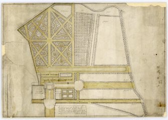 Drawing showing garden design for Airth Castle.
Titled: 'Ane Exact Plan of Airth the Seat of the Honnourable Mr James Graham Admirall of Scotland...Surveyd August first & Drawn at Ednr Septr 10th 1721 by William Boutchart'