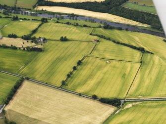 Oblique aerial view of the cropmarks of the Roman Temporary Camps at Mertoun Bridge, taken from the SSE.