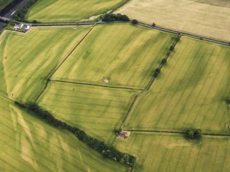 Oblique aerial view of the cropmarks of the Roman Temporary Camps at Mertoun Bridge, taken from the NW.