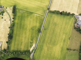 Oblique aerial view of the cropmarks of the Roman Temporary Camp at Mertoun Bridge, taken from the SW.