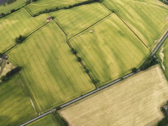 Oblique aerial view of the cropmarks of the Roman Temporary Camps at Mertoun Bridge, taken from the S.