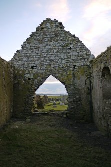Interior view of the Eastern gable of Kirkapol Old Parish Church and Churchyard, Tiree, taken from the West.