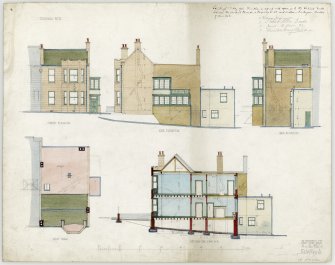Edinburgh, Morningside Drive, Villas, East End House.
Front, side and back elevations, roof plan and section AB.
Insc: 'Drawing No. 2.'   '42 Frederick Str., Edinr.'
